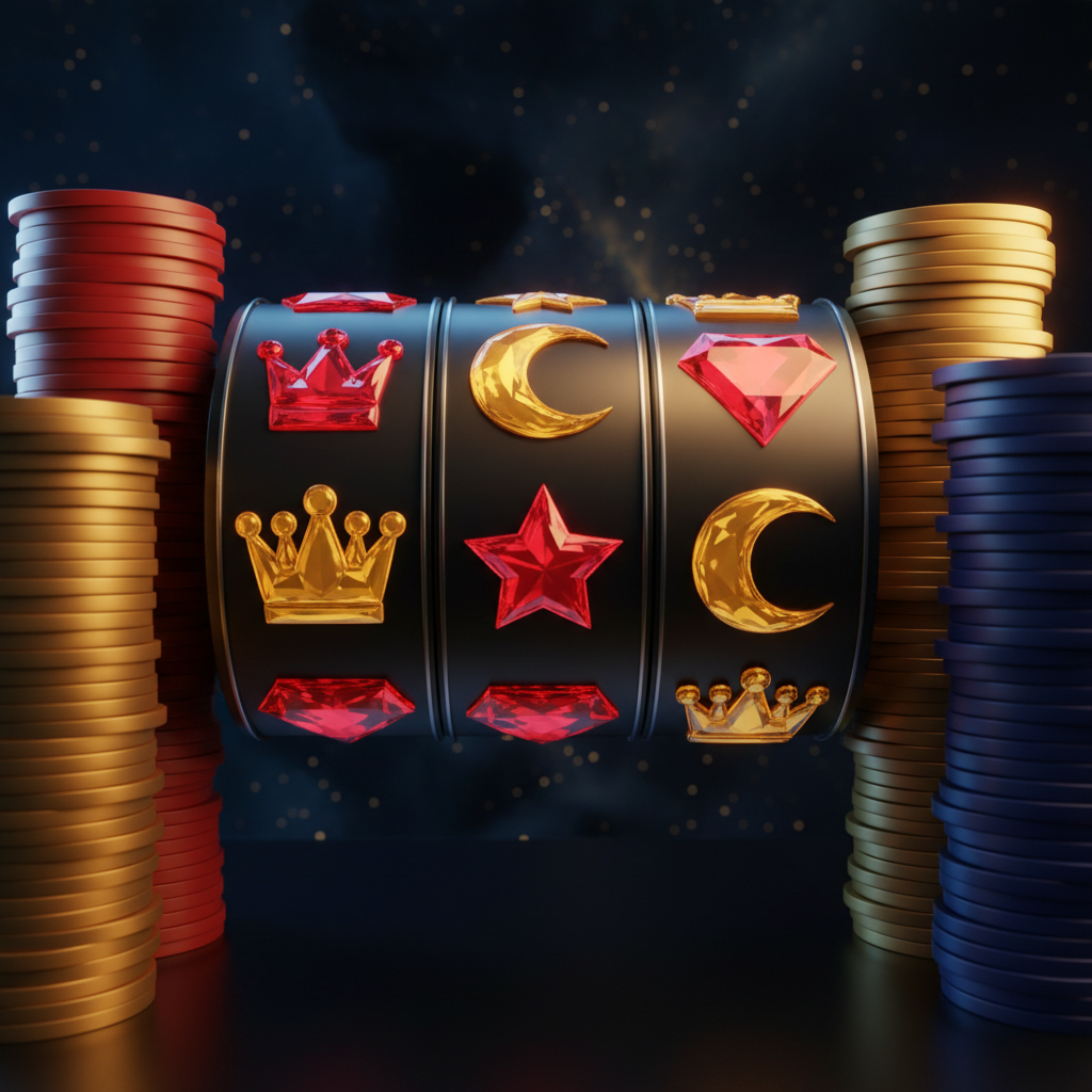 Fichas de casino 3D y símbolos de rodillos de tragaperras en rojo y dorado